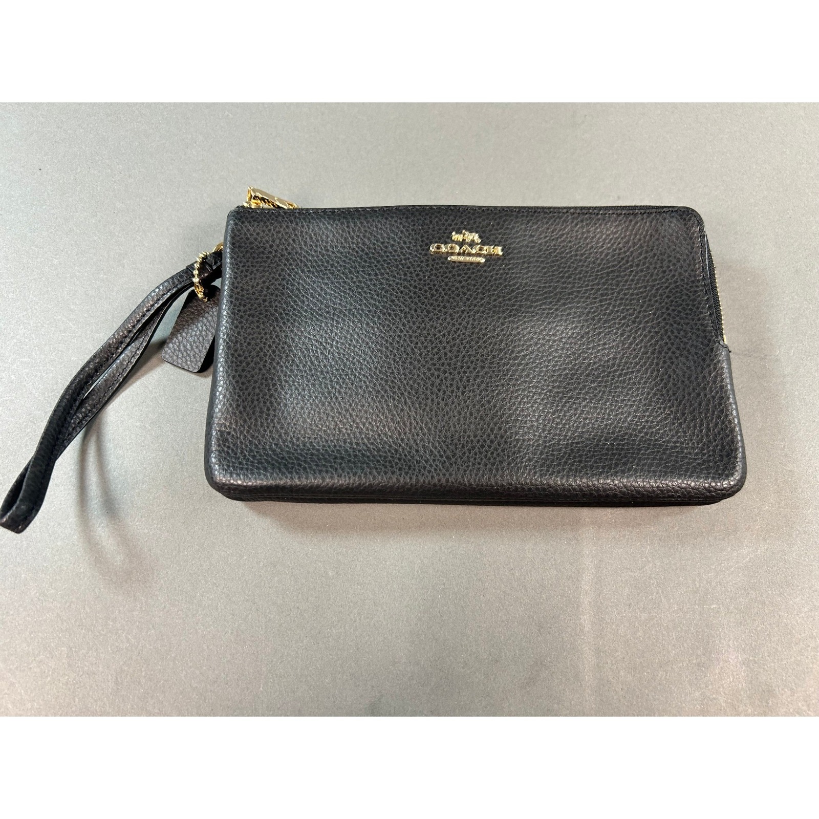 Coach Double Zip Wristlet Black Pebble Leather Gold Hardware Handbag Bag